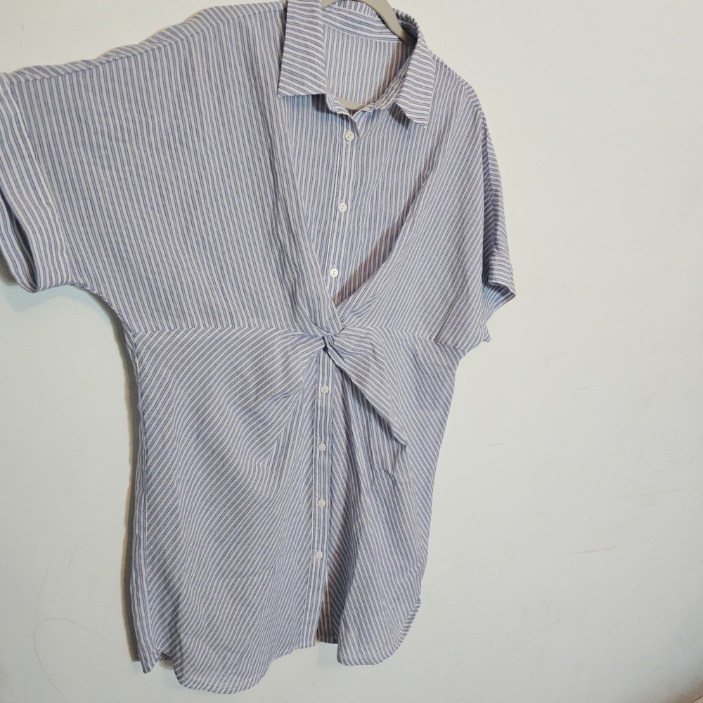 Casual Coastal Chic Cupshe Twist Front Button Down Blue White Striped Dress L/XL